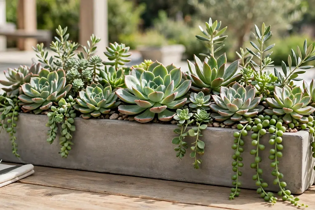 Shallow wide planter with varied succulents as a centerpiece on a patio dining table.