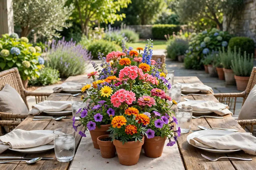 Terracotta pots of seasonal flowers grouped down the center of a patio dining table.