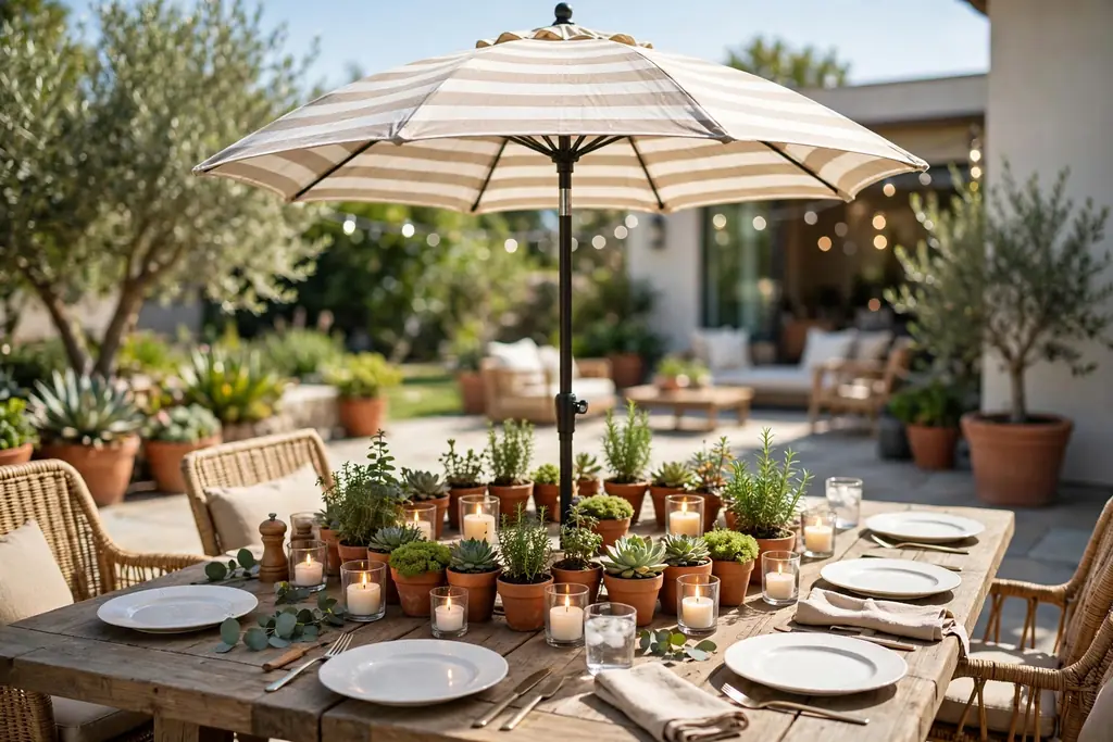 Low ring of small pots and short candles in glass holders around the umbrella pole of a patio table.