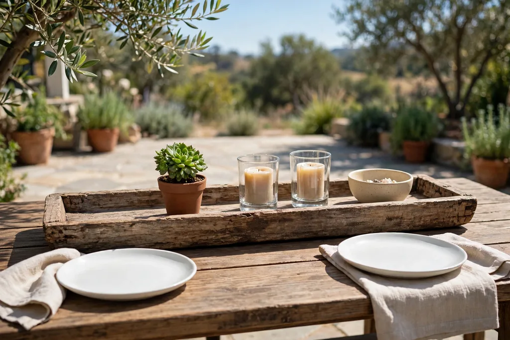 Long wood tray on a patio table holding a small potted plant, short candles in glass holders, and a small bowl.