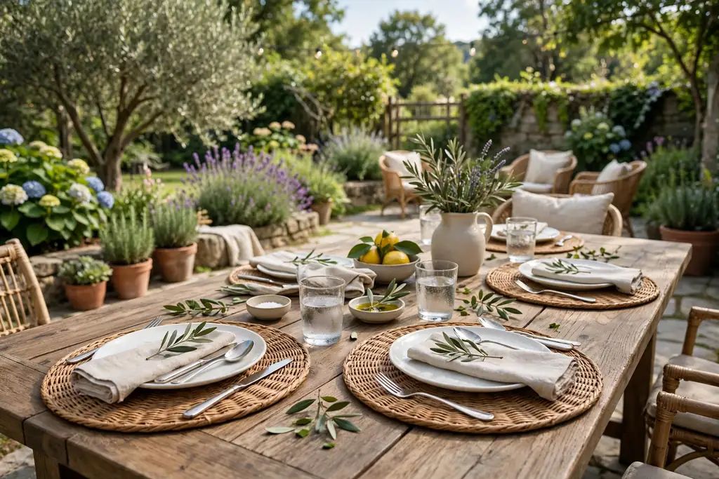 Round woven placemats with white plates on a patio dining table in daylight.