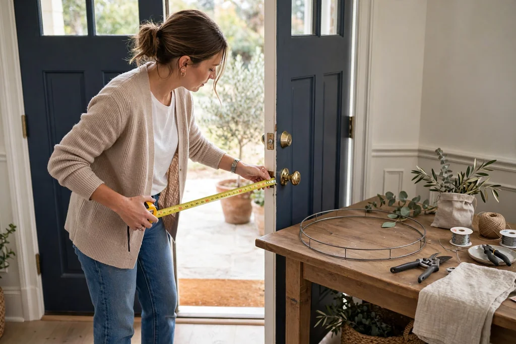 A person measuring a front door space with a tape measure beside a round wreath frame on a table.