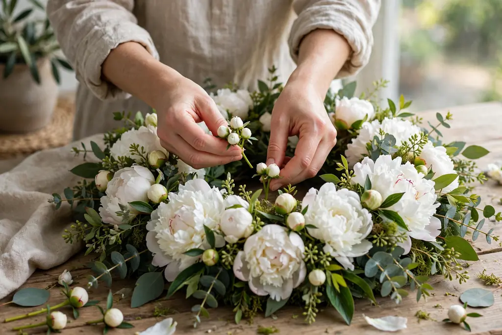 Hands tucking small white peony buds into gaps on a full peony wreath.