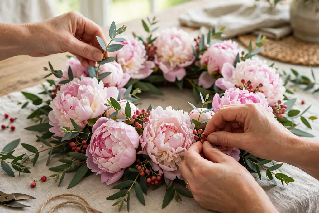 Hands tucking small eucalyptus sprigs and berry accents between peony blooms on a full wreath.