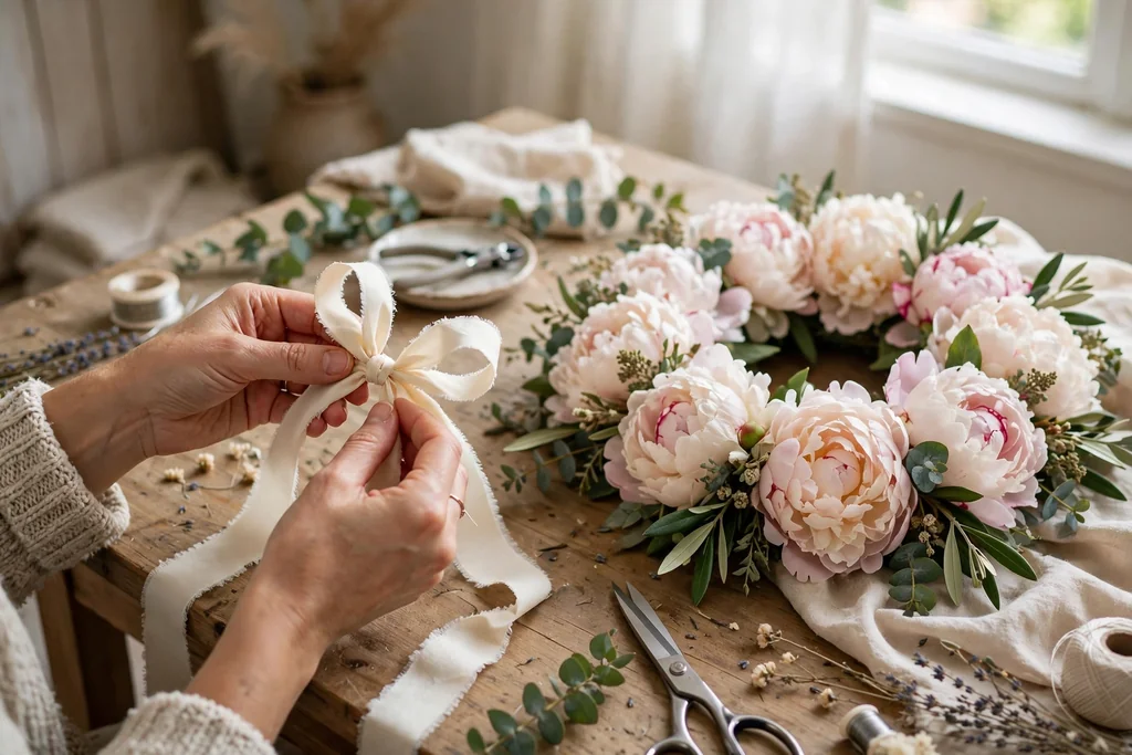 Hands forming a looped cream ribbon bow on a work table beside a finished peony wreath.