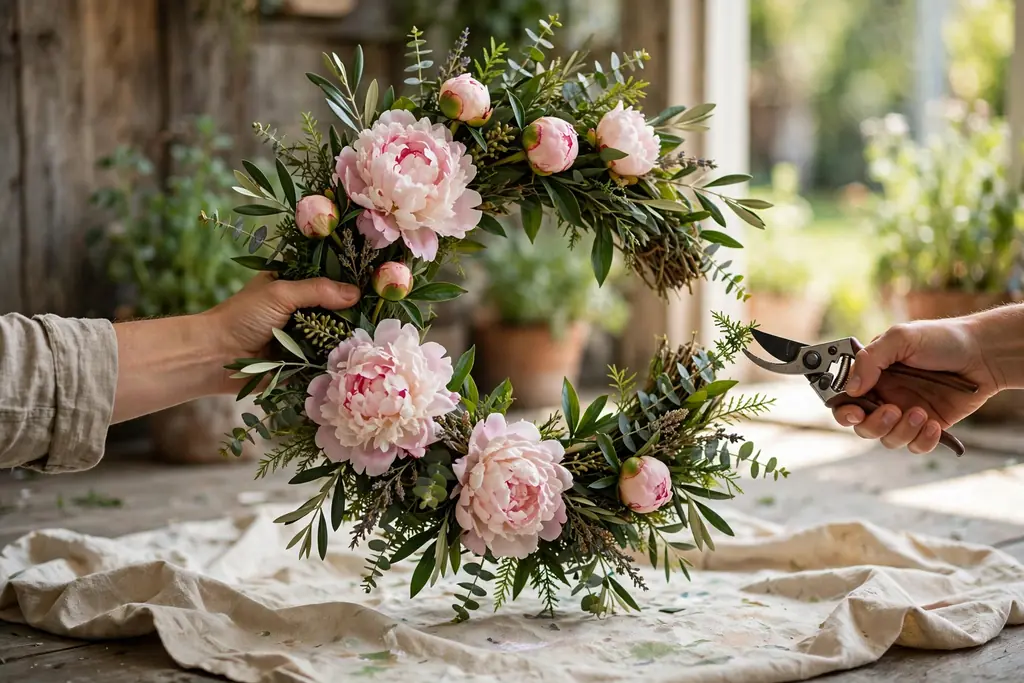 Hands trimming a stray greenery tip on a finished peony wreath held upright over a drop cloth.