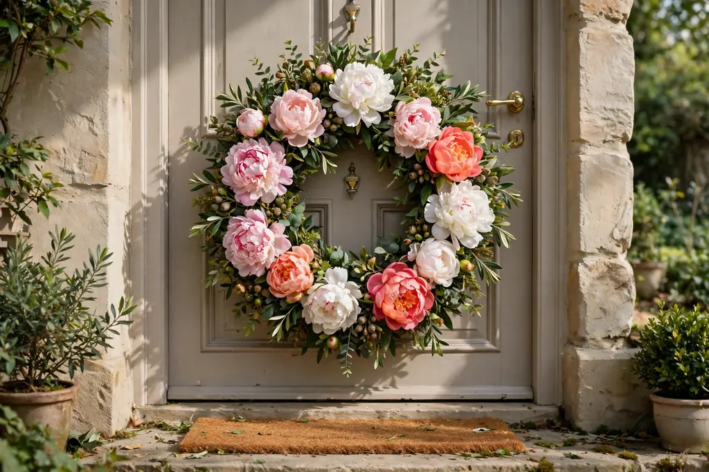 A finished full peony wreath with blush pink, white, and coral blooms being hung on a front door hook.