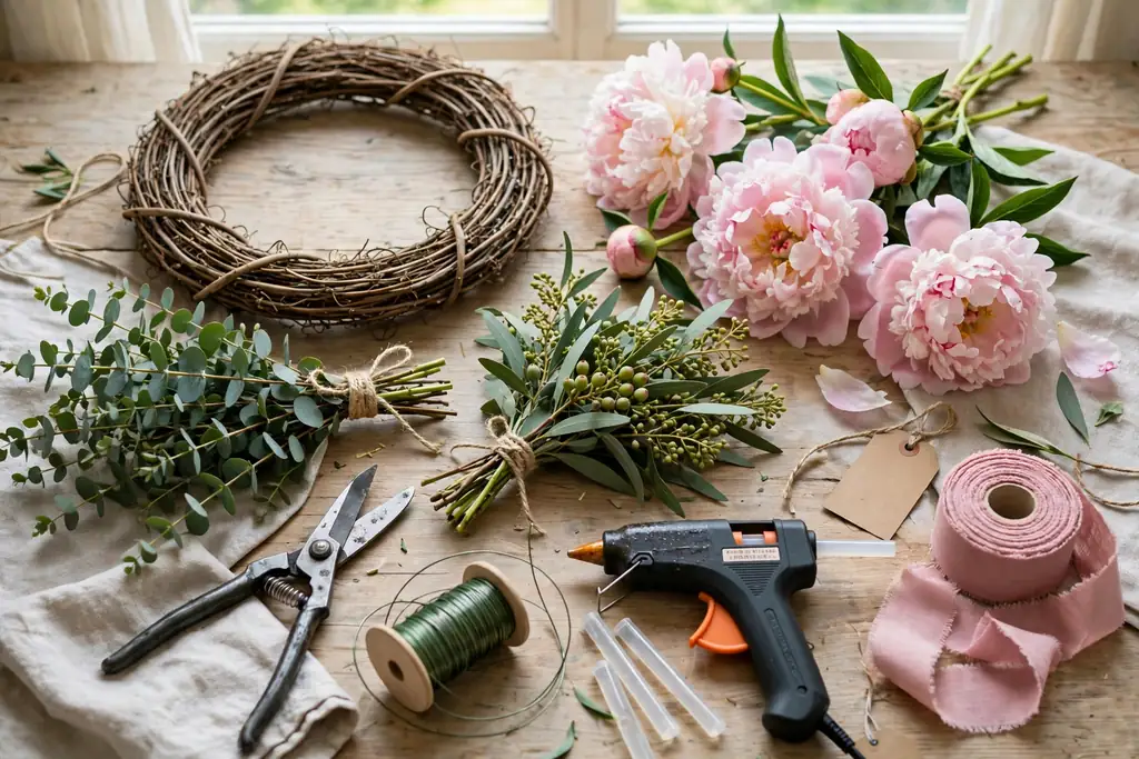 Peony wreath making supplies laid out on a work table: wreath frame, peony blooms, greenery bundles, floral wire, shears, ribbon, and a glue gun.