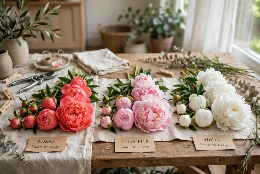 Peony blooms in blush pink, white, and coral sorted into groups by size and color on a work table.