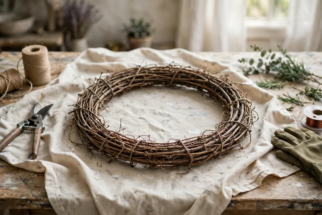 A bare grapevine wreath frame lying flat on a drop cloth on a work table, ready for greenery.