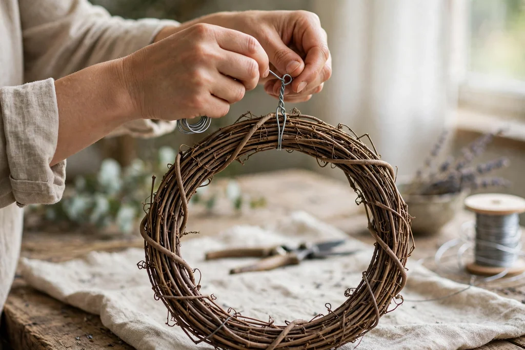 Hands twisting a wire hanging loop onto the top of a bare wreath frame.