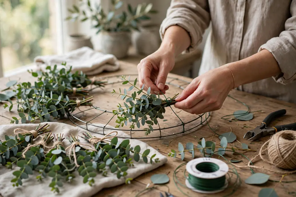 Hands wiring a small bundle of eucalyptus greenery onto a wire wreath frame, with more bundles waiting on the table.