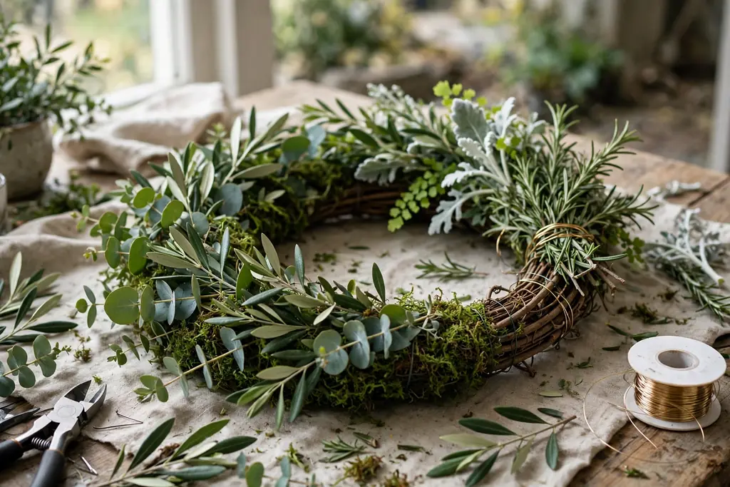 A half finished wreath with a second layer of green foliage being wired over the first greenery layer.