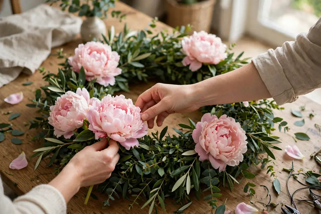 Hands placing large blush pink peony blooms onto a full green wreath base, spaced around the ring.