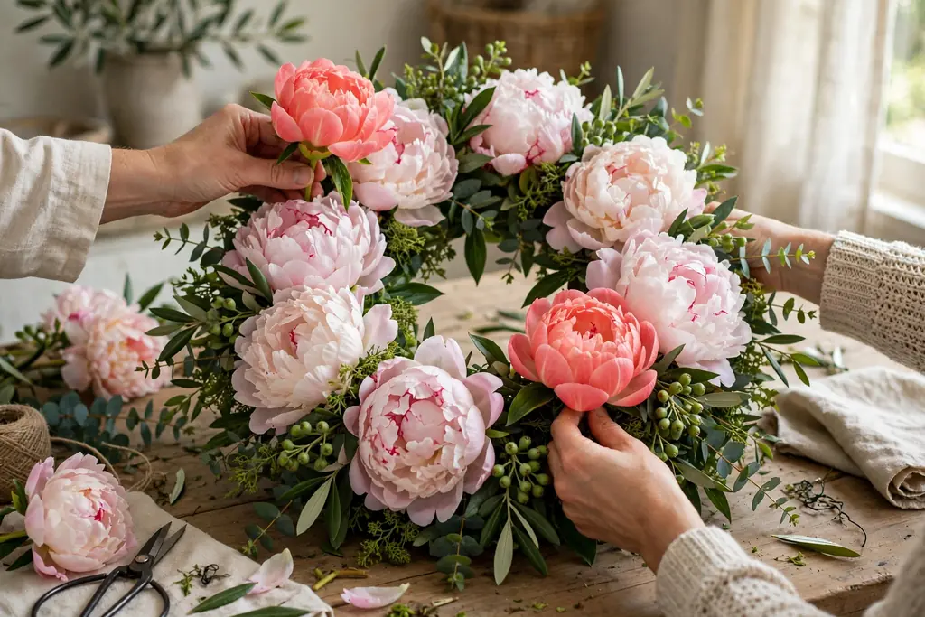 Hands adding medium coral peony blooms between large blush peonies on a nearly full wreath.