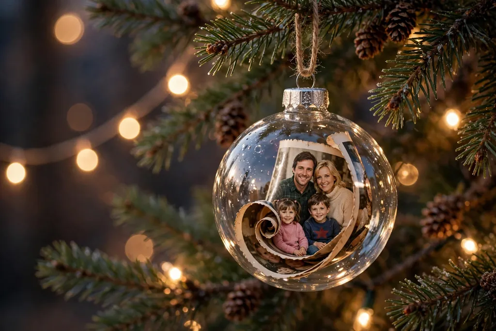 Clear glass bauble ornament with a family photo inside hanging on a Christmas tree branch.