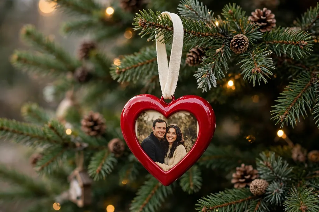 Red heart shaped ornament with a couple photo and cream ribbon loop hanging on a tree.