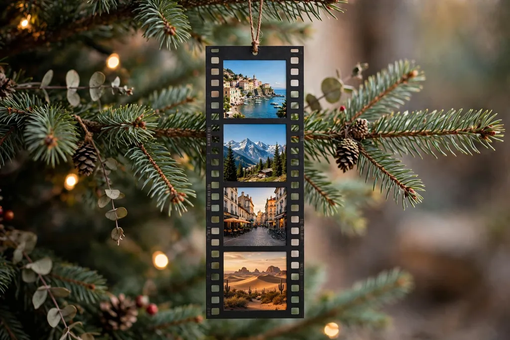 Vertical film strip ornament with four small travel photos hanging on a tree branch.