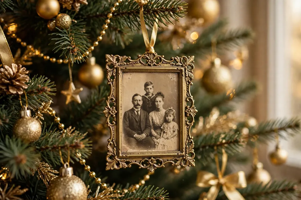 Small ornate brass frame ornament holding a sepia family portrait hanging on a tree.