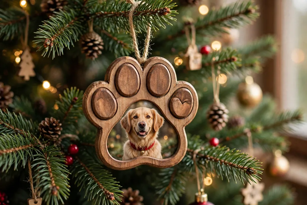 Paw shaped wood ornament with a dog photo in the center hanging on a tree.