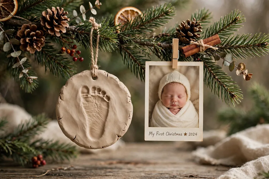 Clay ornament with a baby footprint impression beside a small first Christmas photo.