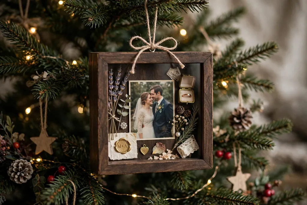 Deep shadow box ornament with a wedding photo and small keepsakes inside hanging on a tree.