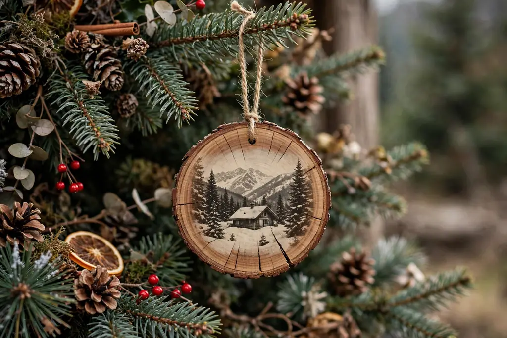 Wood slice ornament with a photo transferred onto the wood hanging by twine.