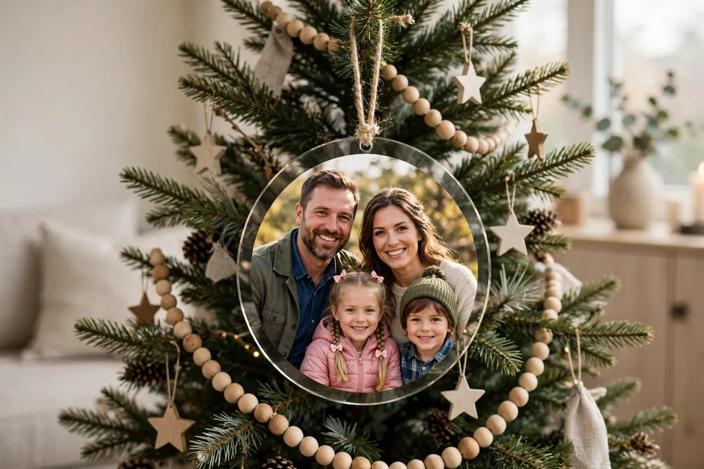 Flat acrylic photo disc ornament with a family portrait hanging on a Christmas tree.