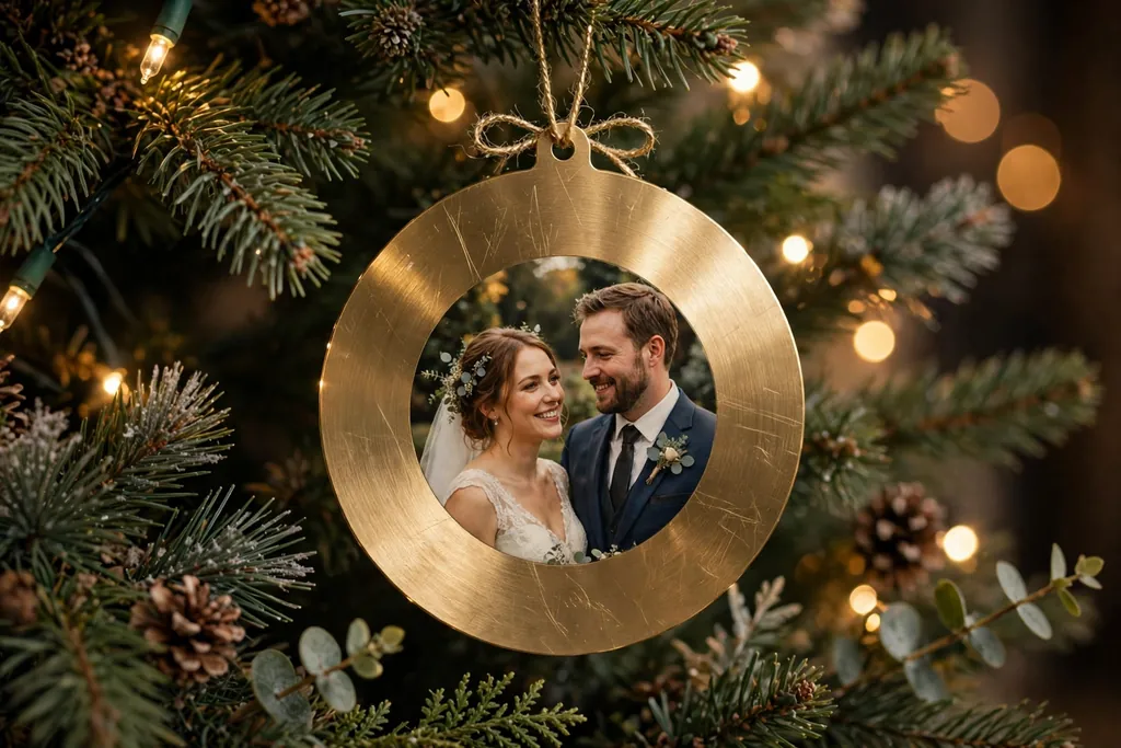 Brushed gold metal photo disc ornament with a wedding portrait hanging on a tree.