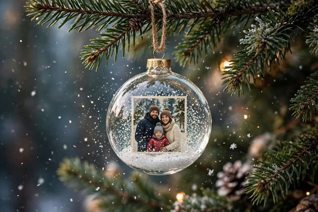 Mini snow globe ornament with a winter family photo inside and falling glitter snow.