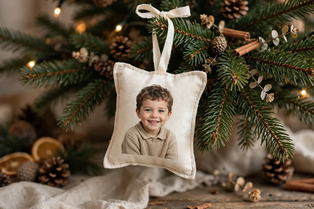 Fabric pillow ornament with a child photo printed on cream cotton hanging on a tree.
