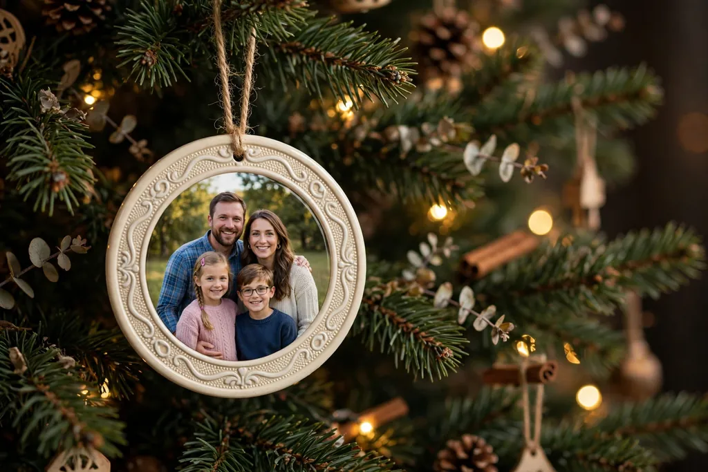 Round ceramic tile ornament with a family photo and cream border hanging on a tree.