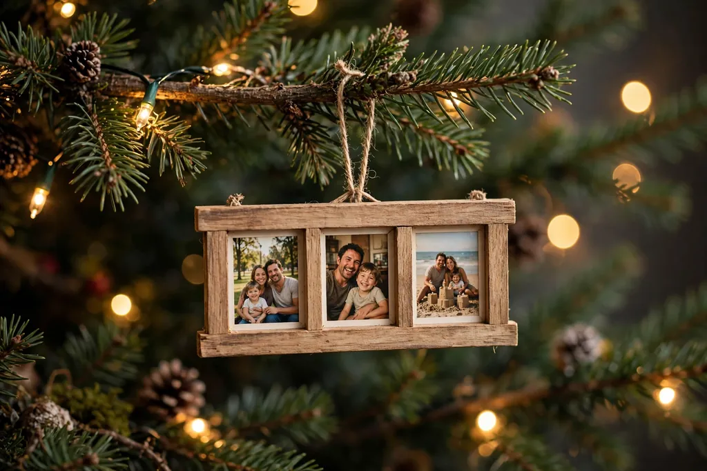 Small wood mini frame ornament holding three family photos hanging on a tree branch.