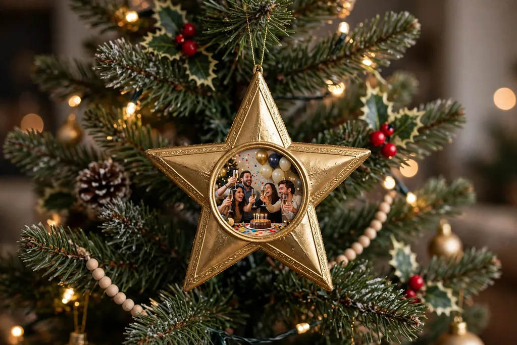 Gold star shaped ornament with a celebration photo in the center hanging on a tree.