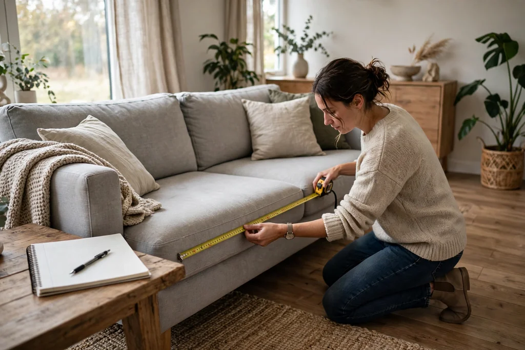 Person measuring the width of a sofa with a tape measure before choosing a slipcover.