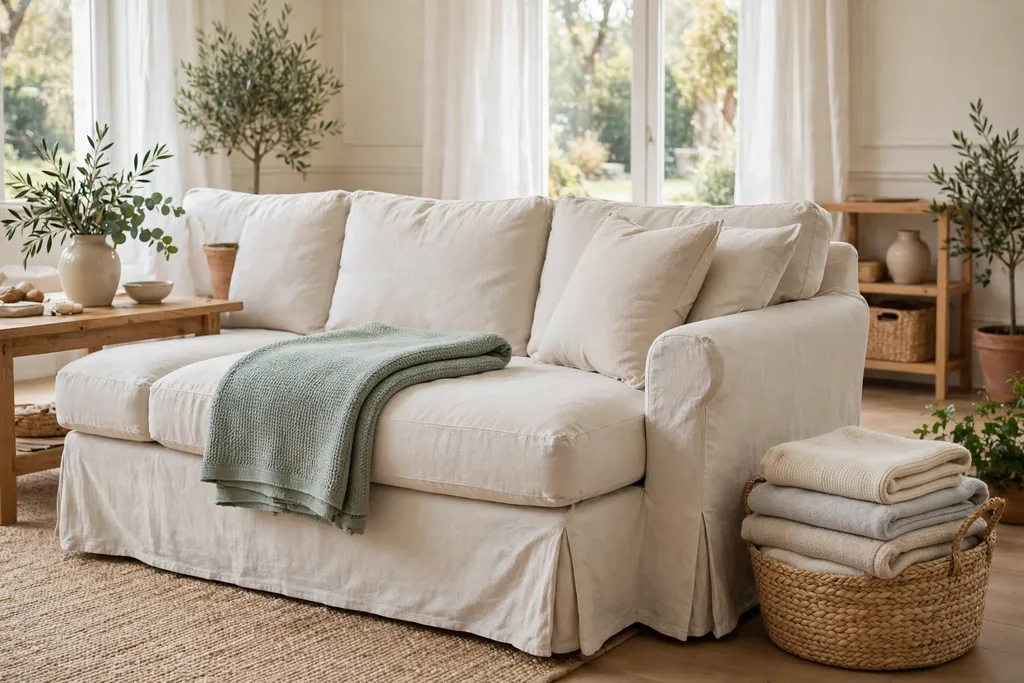 Washable throw folded over the seat of a slipcovered sofa beside a basket of clean throws.