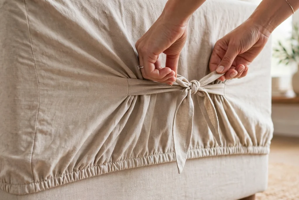 Hands tying a slipcover tie at the back of a sofa with elastic hem and tucked fabric.