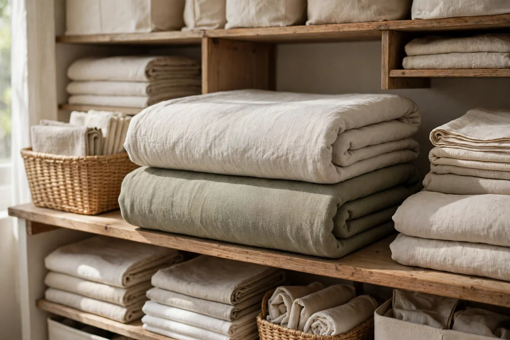 Two folded spare sofa slipcovers in different fabric weights stacked on a closet shelf.