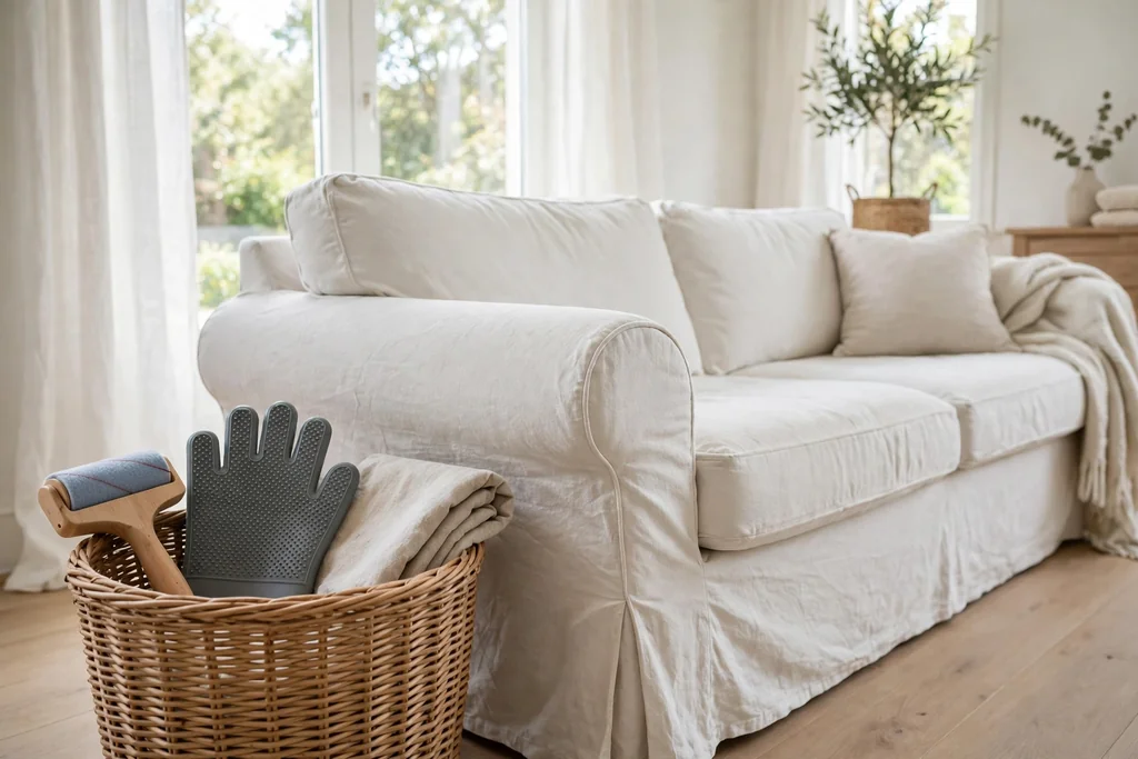 Lint roller, rubber grooming mitt, and folded cloth in a basket beside a slipcovered sofa.