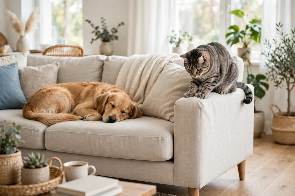 Dog and cat using a sofa in different ways, one curled on a seat cushion and one kneading the armrest.