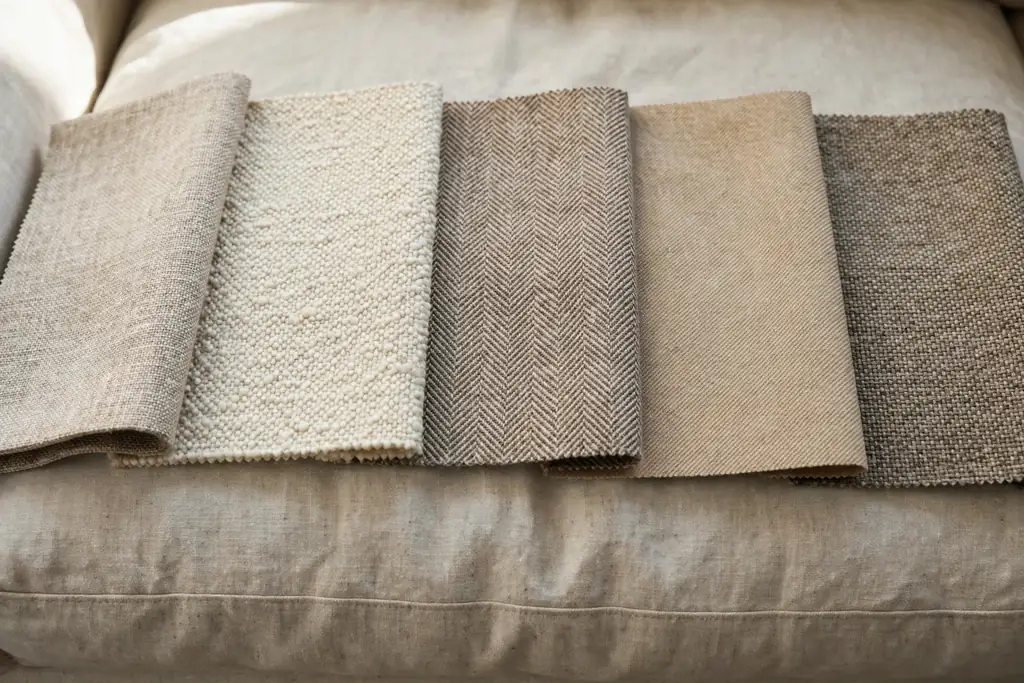 Tightly woven fabric swatches in neutral tones laid across a sofa seat cushion.