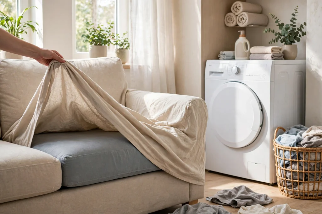 Removable sofa slipcover being lifted from a cushion near a washing machine for laundering.