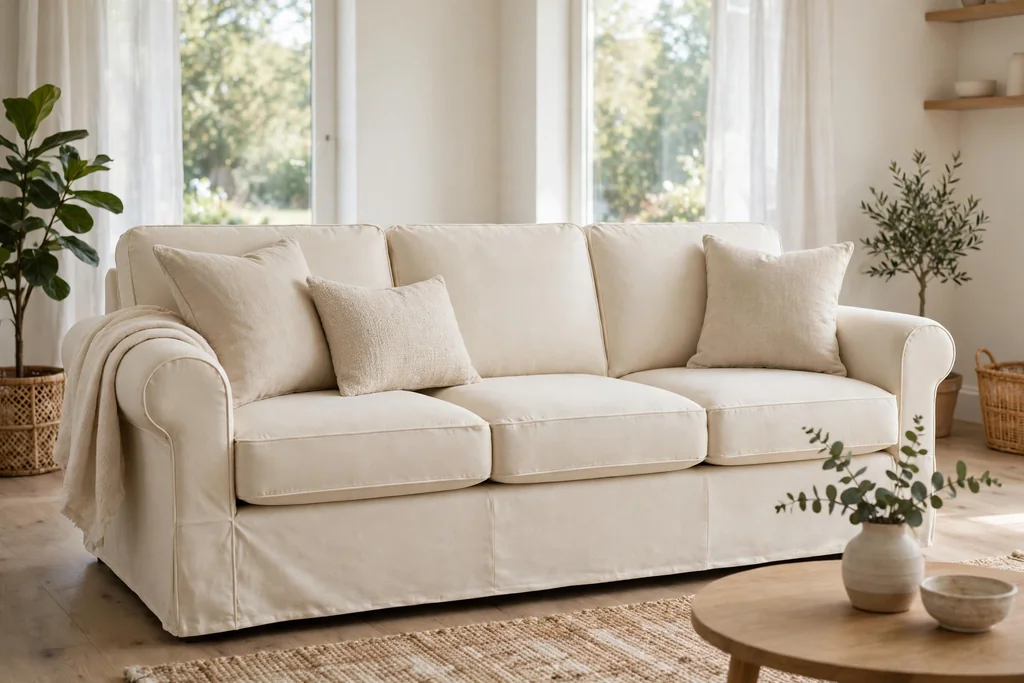 Sofa in a neat tailored slipcover with fitted lines and tucked seat cushions.