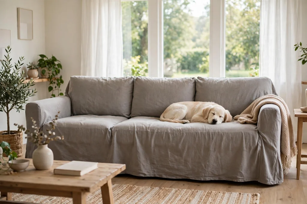Sofa in a midtone warm gray slipcover with a light colored dog resting on the seat.