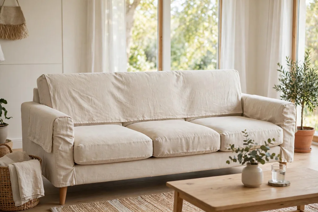 Sofa with separate cushion covers, arm covers, and back panel in matching washable fabric.