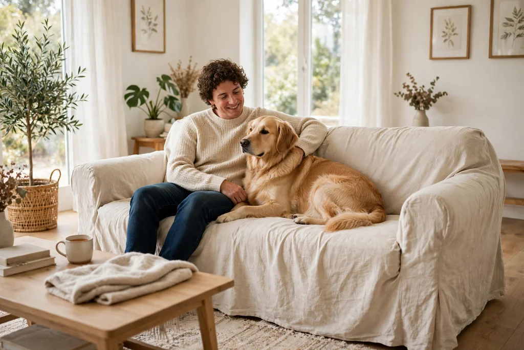 Person and dog sitting comfortably together on a slipcovered sofa in a bright living room.