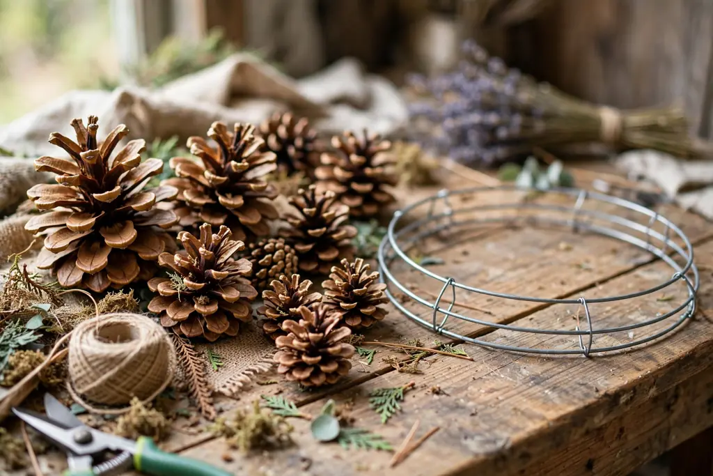 Open pinecones of mixed sizes laid out beside a round wreath form on a work table.