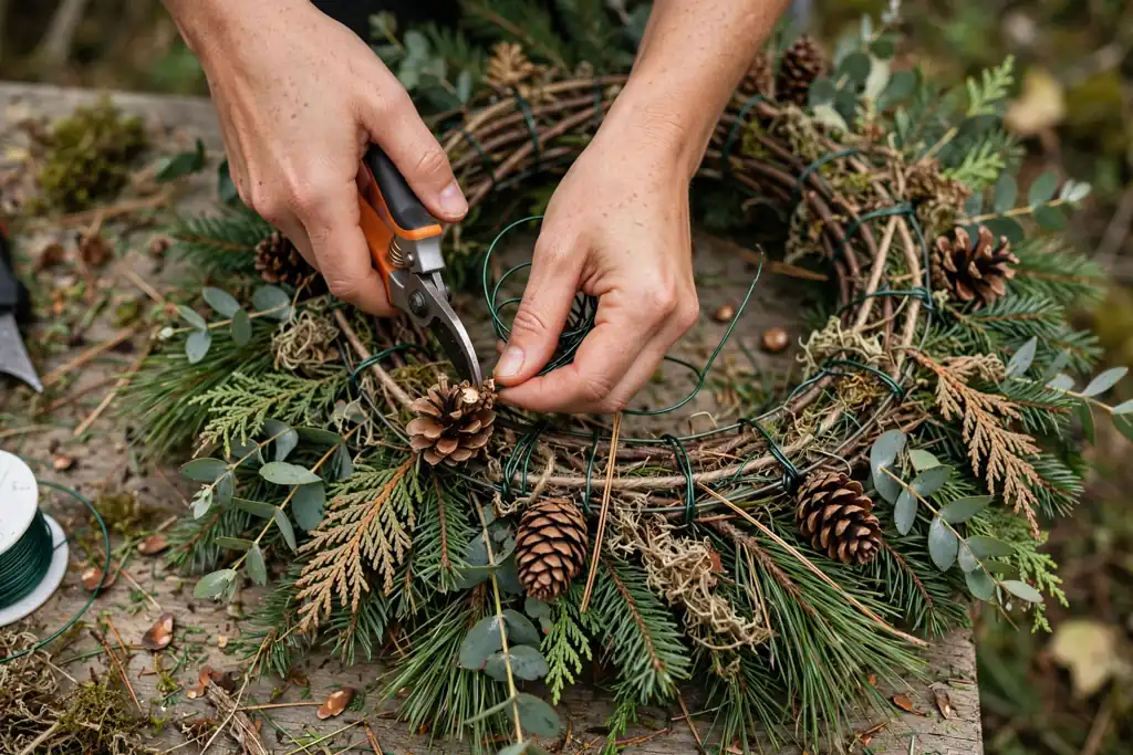 Hands trimming a stray pinecone scale and securing wire on the back of a wreath.