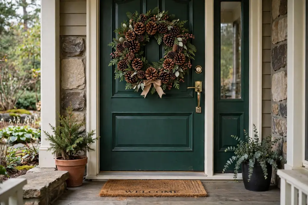 Pinecone wreath centered on a front door clear of the handle and lock seen from the porch.