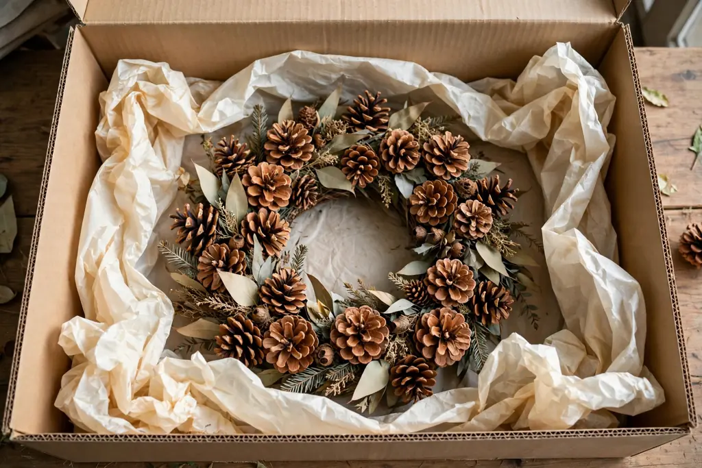 Pinecone wreath stored flat in a large box with tissue paper around its edges.